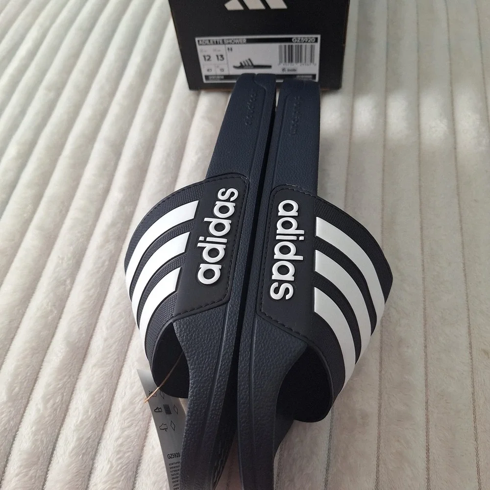 Adidas Mens Adilette Shower Slides Sandals 12 Navy Wht Striped Causal Athleisure